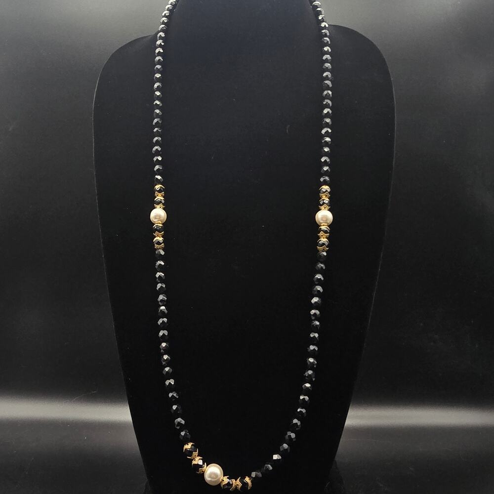 Black Glass Faux Pearl Beaded Necklace 36 Inch Vintage Jewelry - Picture 8 of 8